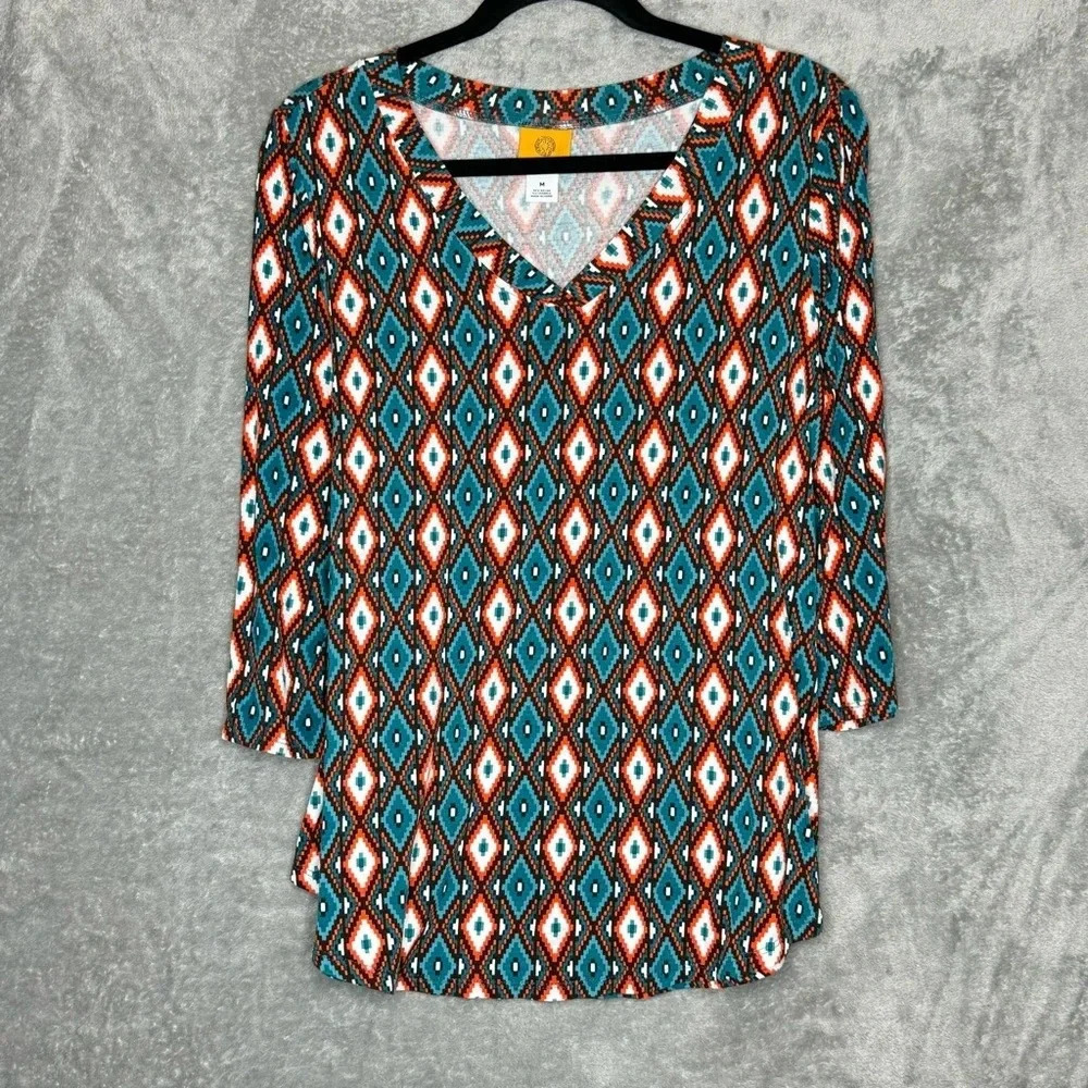 Ruby Rd Medium Shirt Top Teal Blue Orange Geometric 3/4 Sleeve V Neck Stretch